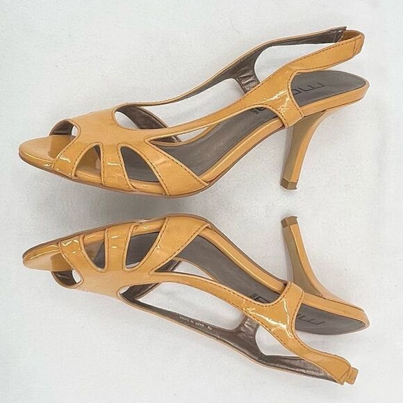Moda Spana Golden Tan Strappy Patent Slingback Open Toe Heeled Sandals Size 7 - Picture 4 of 11